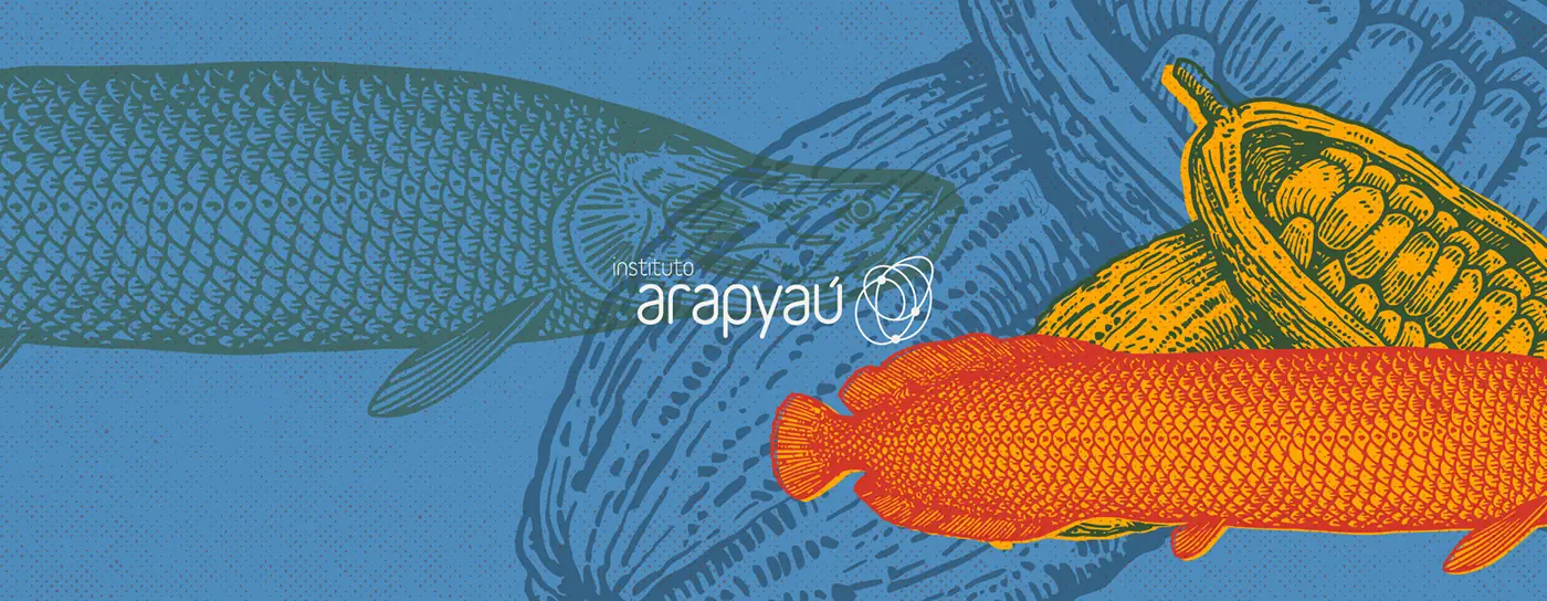 Capa do Relatório Anual 2023 do Instituto Arapyaú, azul com pirarucu ilustrado em laranja
