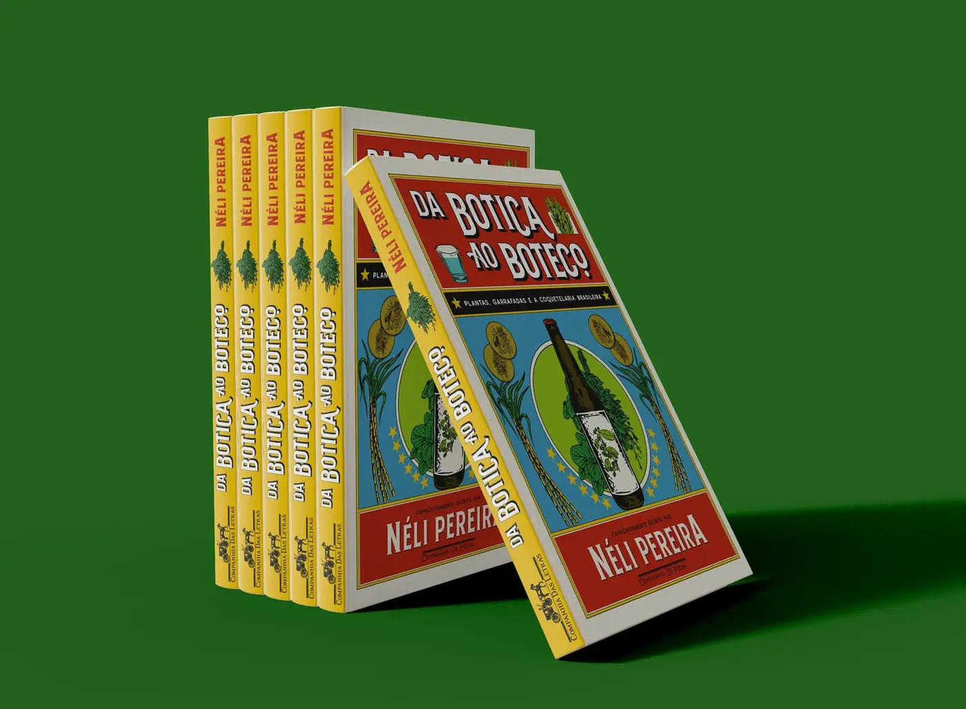 Capa do livro Da Botica ao Boteco, de Néli Pereira, com garrafa, ervas e cana ilustradas