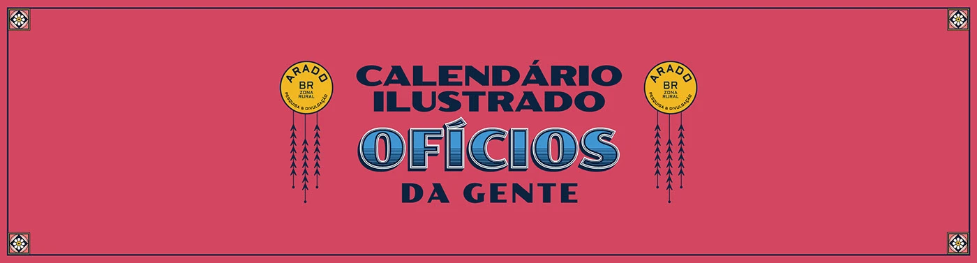 Calendário 2024 Ofícios da Gente, rosa e dourado, com artesão gravado ao centro