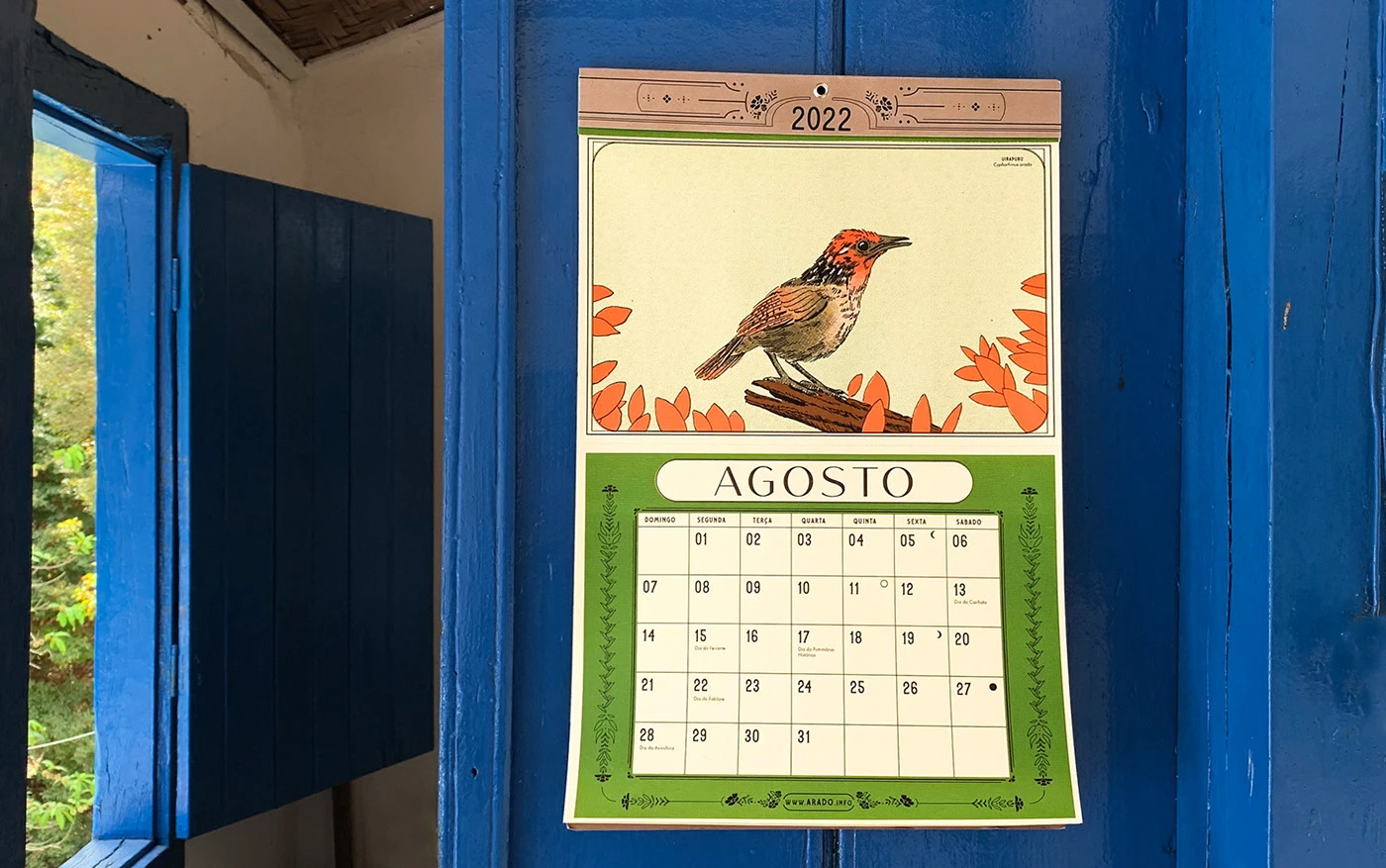 Calendário 2022 Pássaros Cantores do Brasil, verde, com pássaros desenhados a traço