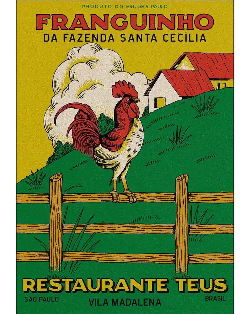 Quatro cartazes ilustrados do Restaurante Teus alternando em sequência: porco, cordeiro, frango e polvo
