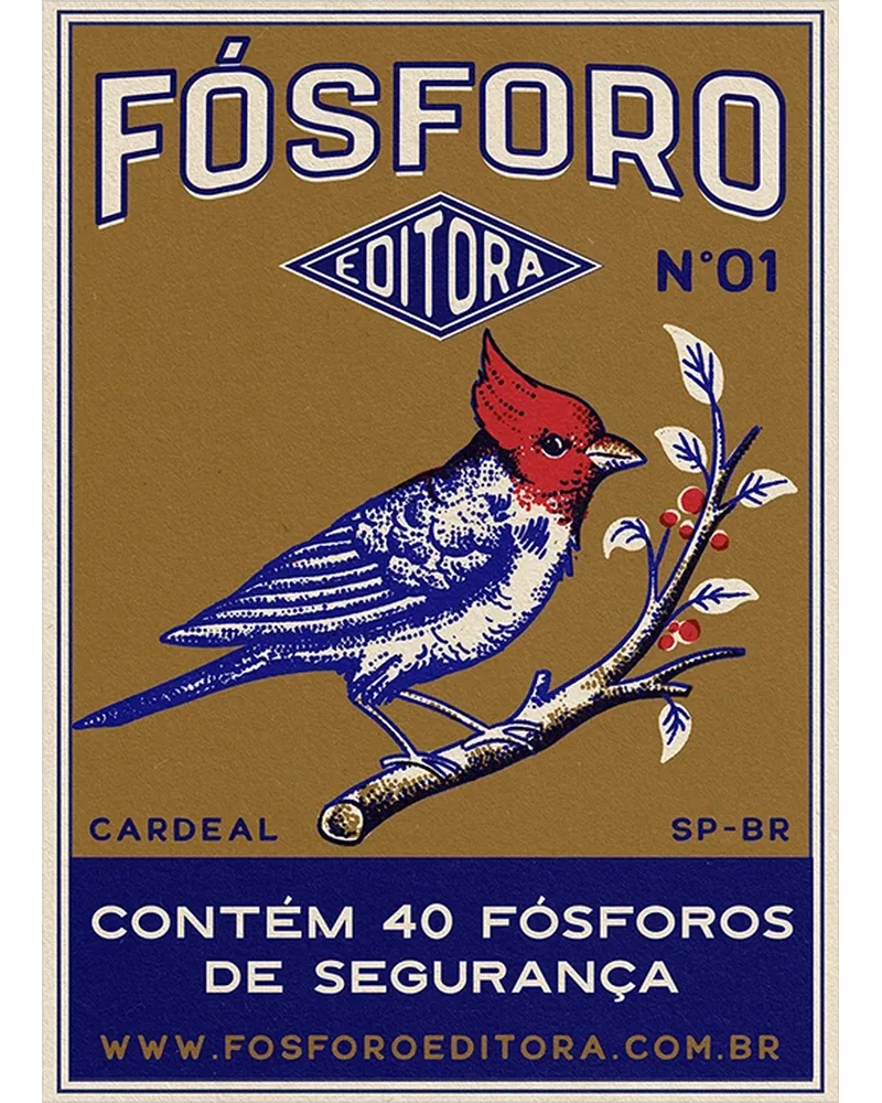 Caixa de fósforos ilustrada com um cardeal sobre fundo preto