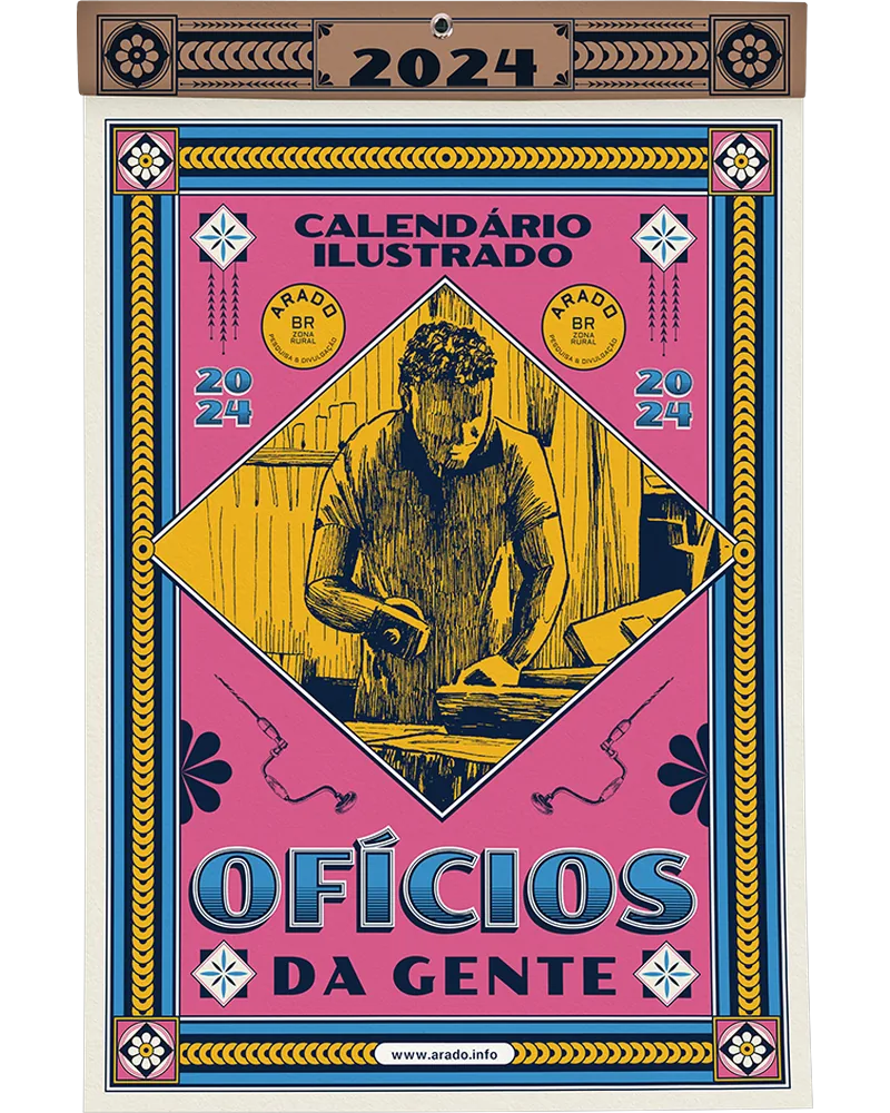 Calendário 2024 Ofícios da Gente, rosa e dourado, com artesão gravado ao centro