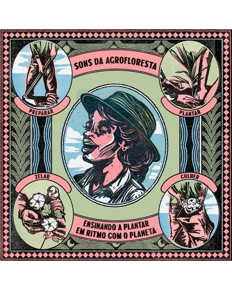 Capa ilustrada de Sons da Agrofloresta, lavradora entre plantas